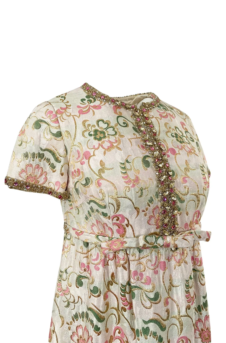 1960s Nat Kaplan Silk Brocade Midi Dress w Elaborate Crystal Detailing