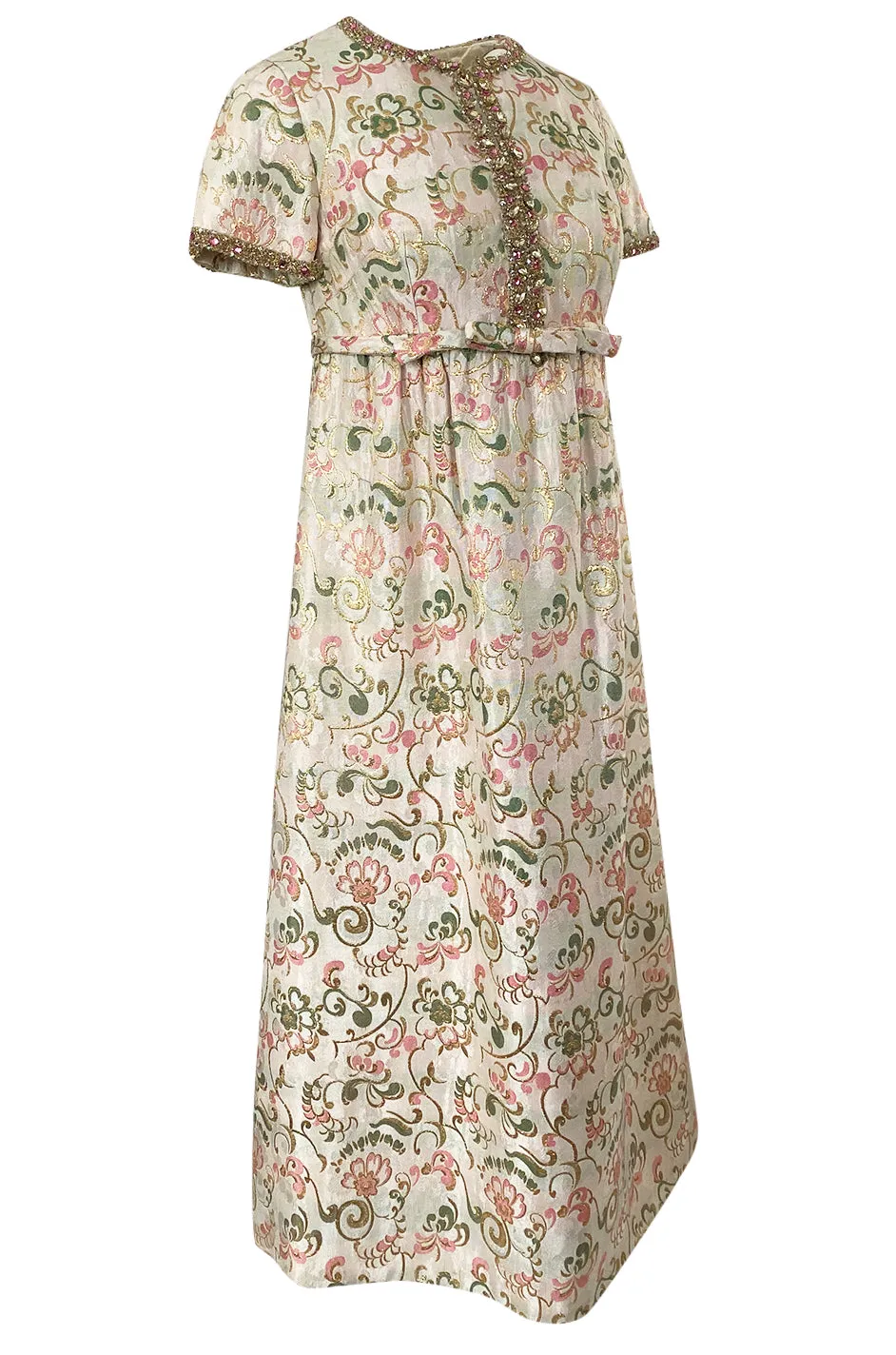1960s Nat Kaplan Silk Brocade Midi Dress w Elaborate Crystal Detailing
