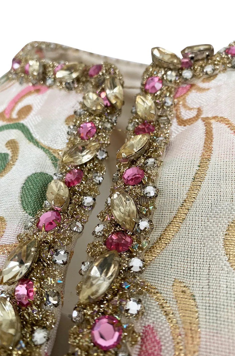1960s Nat Kaplan Silk Brocade Midi Dress w Elaborate Crystal Detailing