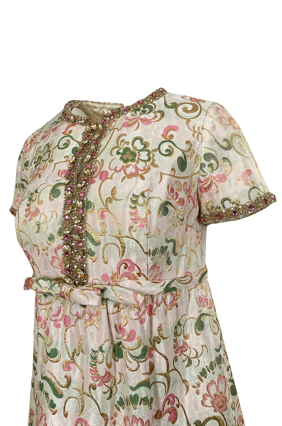 1960s Nat Kaplan Silk Brocade Midi Dress w Elaborate Crystal Detailing