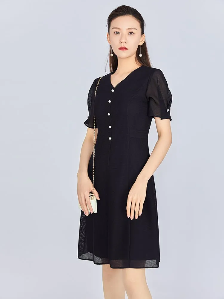 Black Lace Sleeve V Neck Pearl Dress