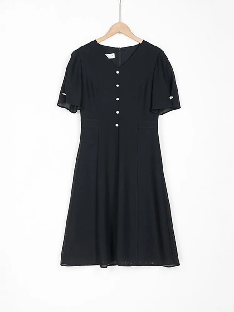 Black Lace Sleeve V Neck Pearl Dress