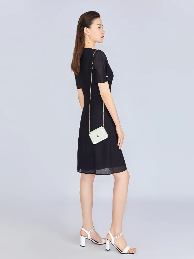 Black Lace Sleeve V Neck Pearl Dress
