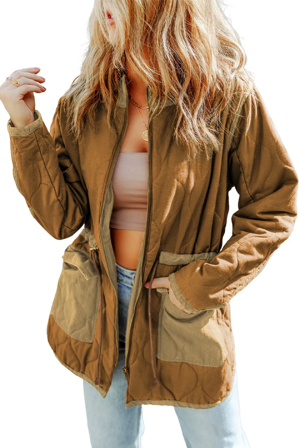 Blue Zone Planet |  Brown Stitching Quilted Drawstring Jacket