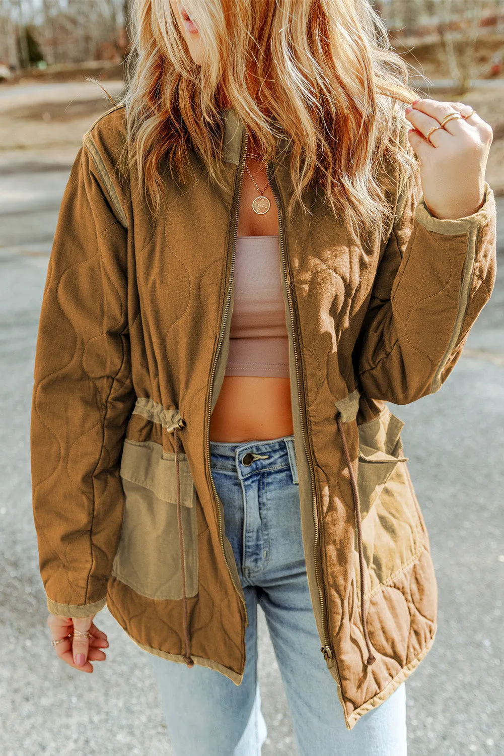 Blue Zone Planet |  Brown Stitching Quilted Drawstring Jacket