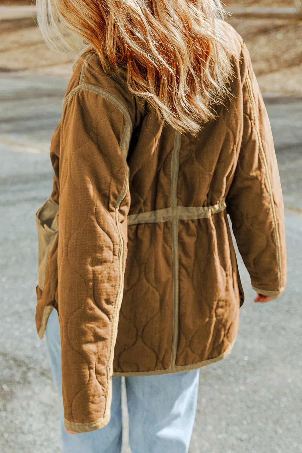 Blue Zone Planet |  Brown Stitching Quilted Drawstring Jacket