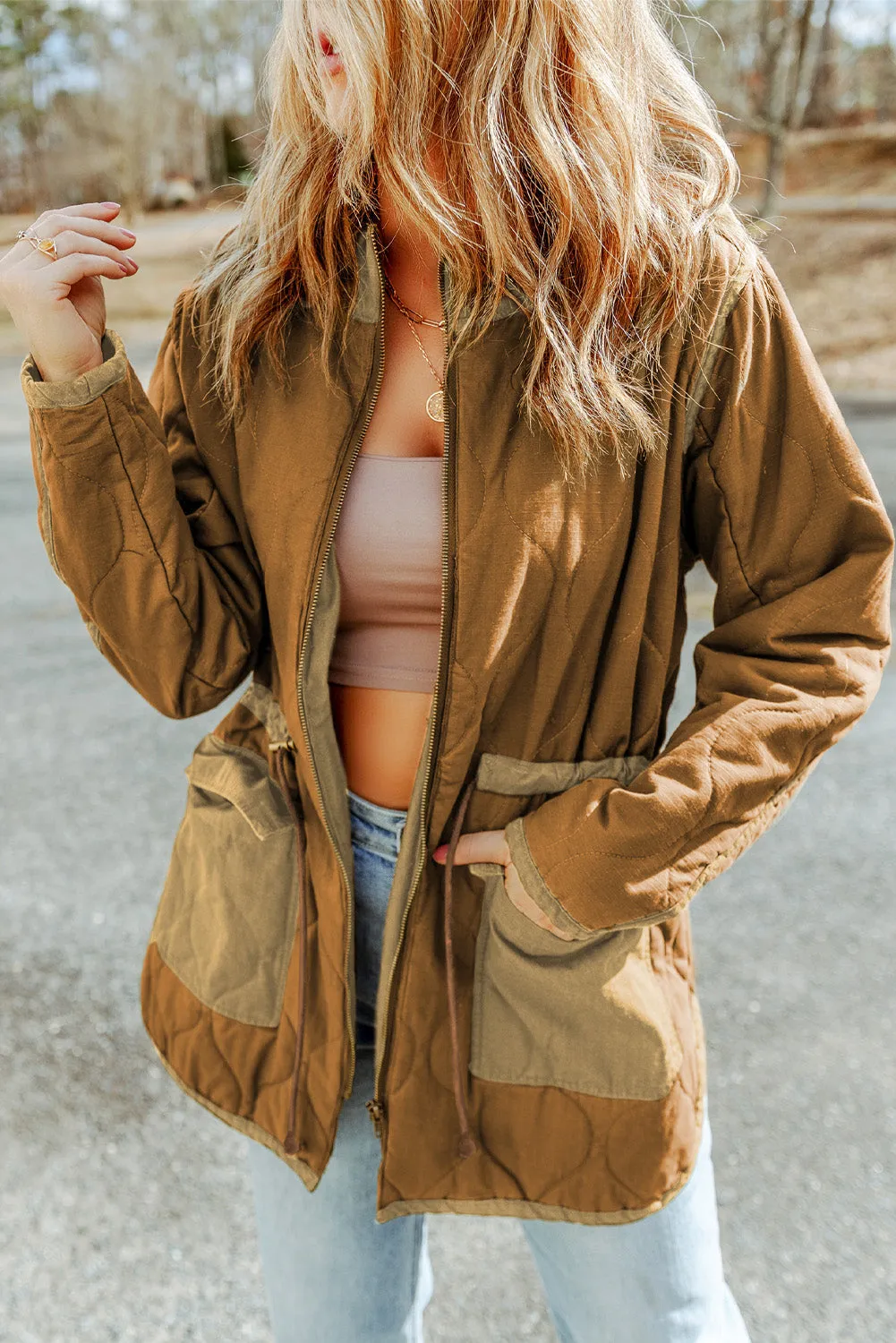Blue Zone Planet |  Brown Stitching Quilted Drawstring Jacket