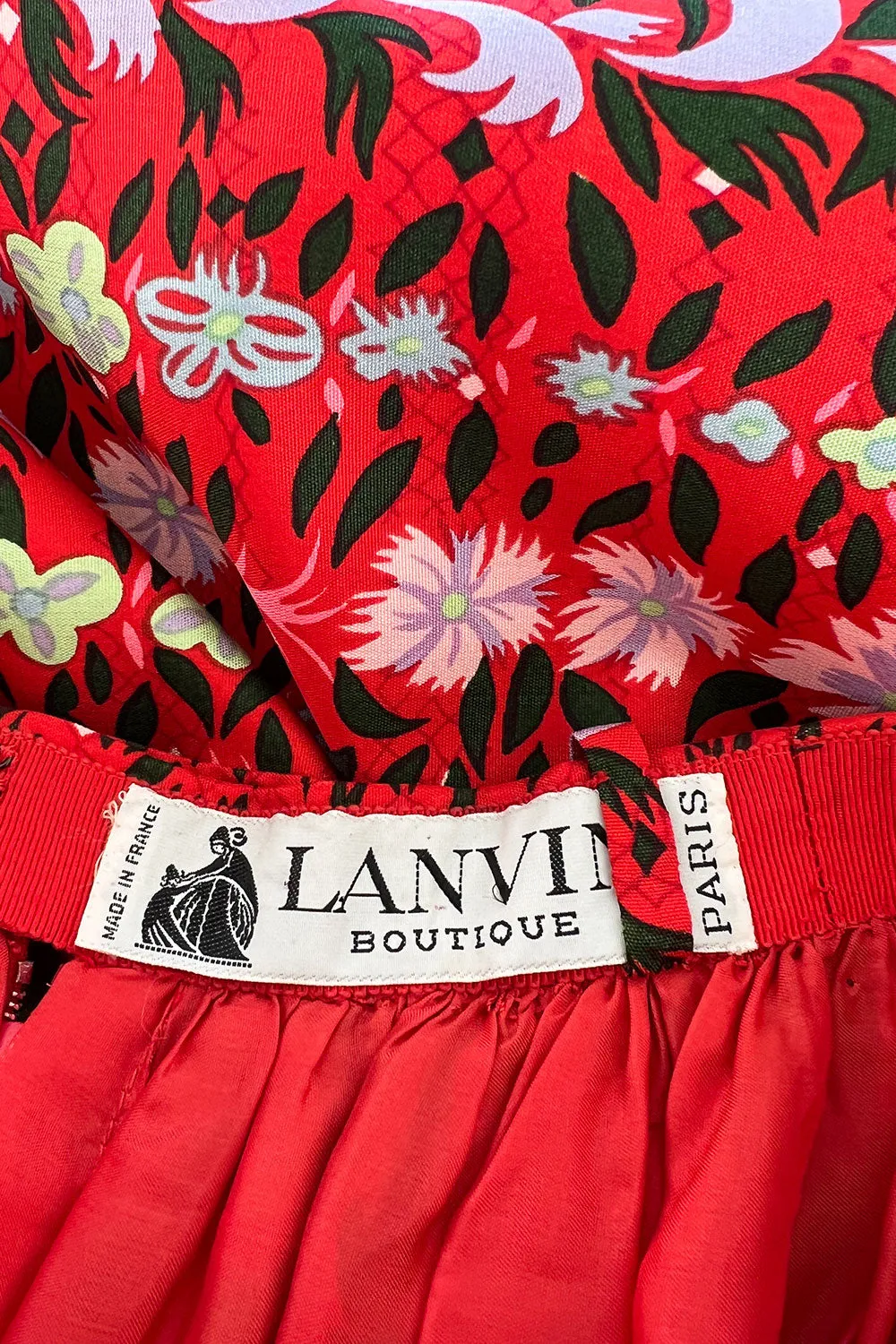 Early 1970s Lanvin by Jules-Francois Crahay Demi-Couture Printed Red Silk Skirt w Green & Lace Edging