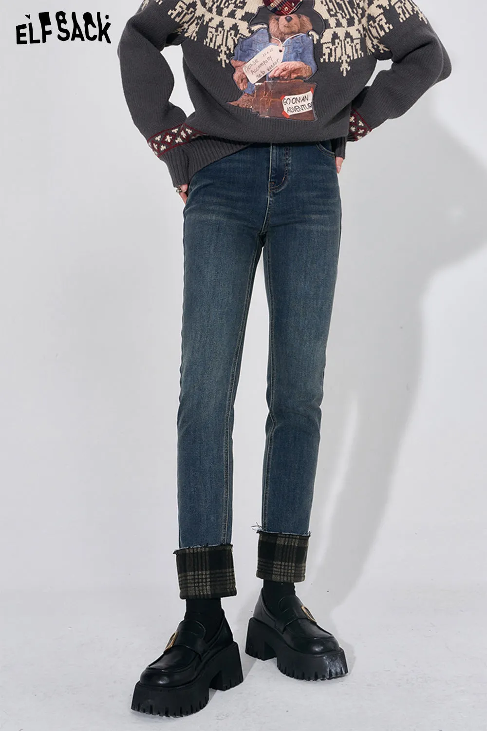 ELFSACK 2000s Plaid Jeans Women 2023 Winter High Waist Designer Luxury Trousers