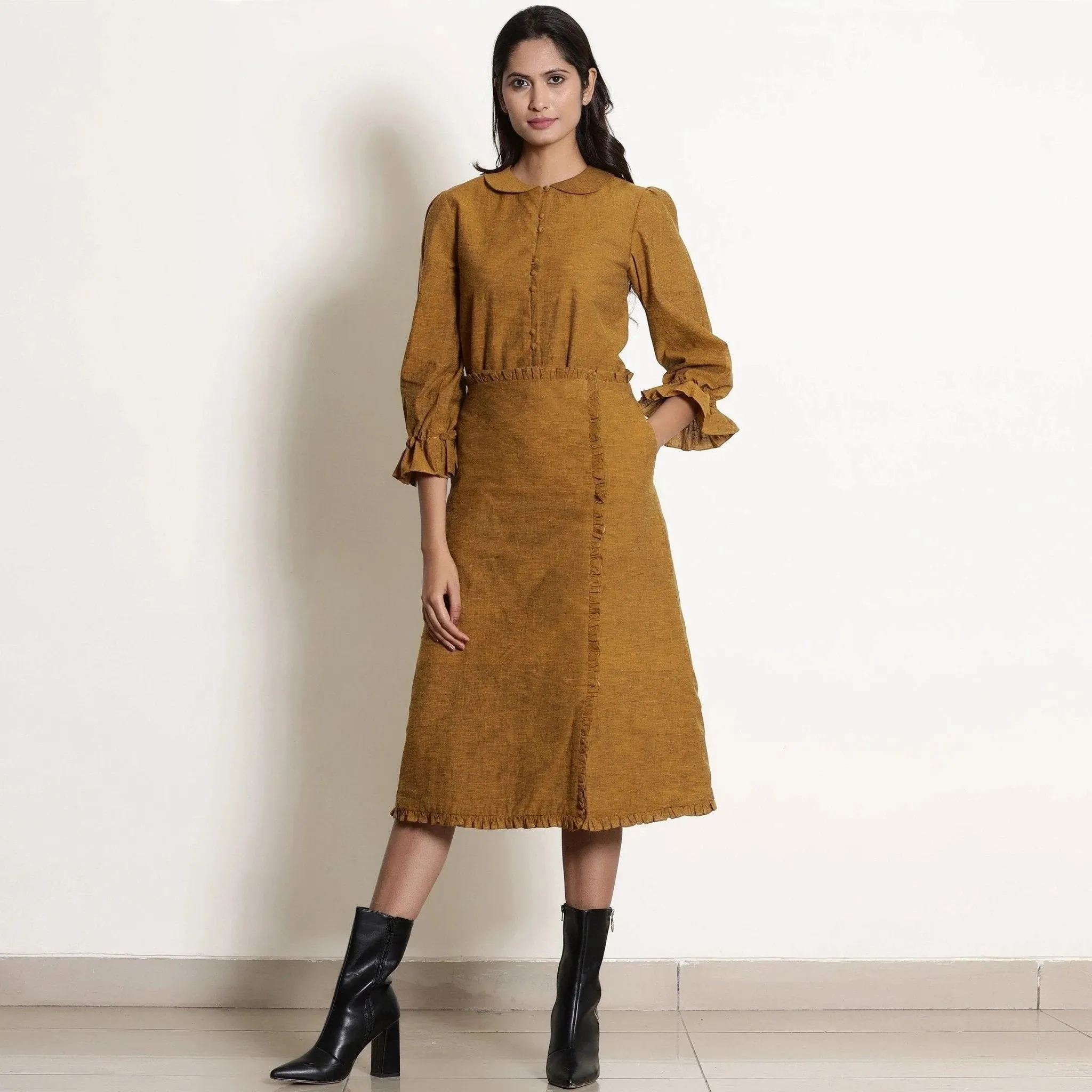 Golden Oak Warm Cotton Frilled Midi Skirt