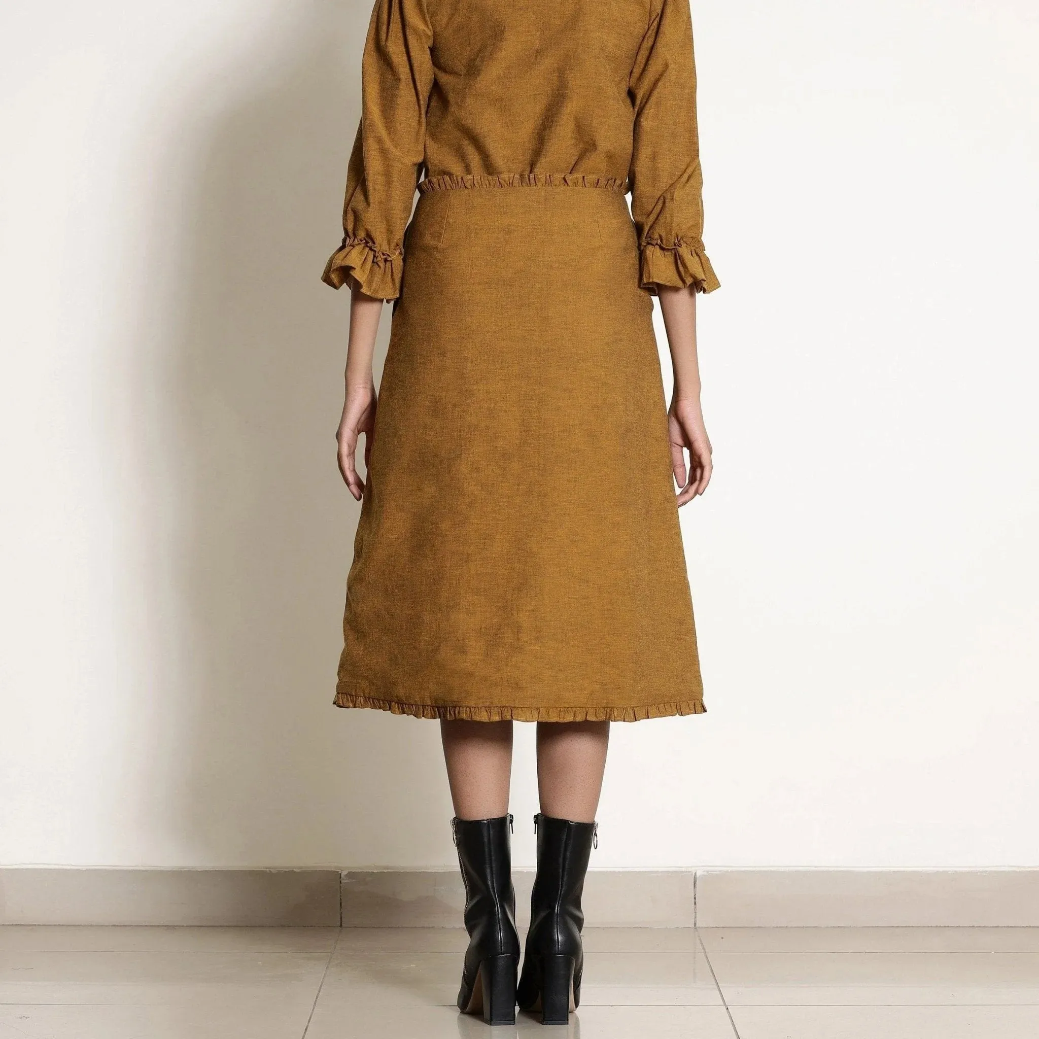 Golden Oak Warm Cotton Frilled Midi Skirt