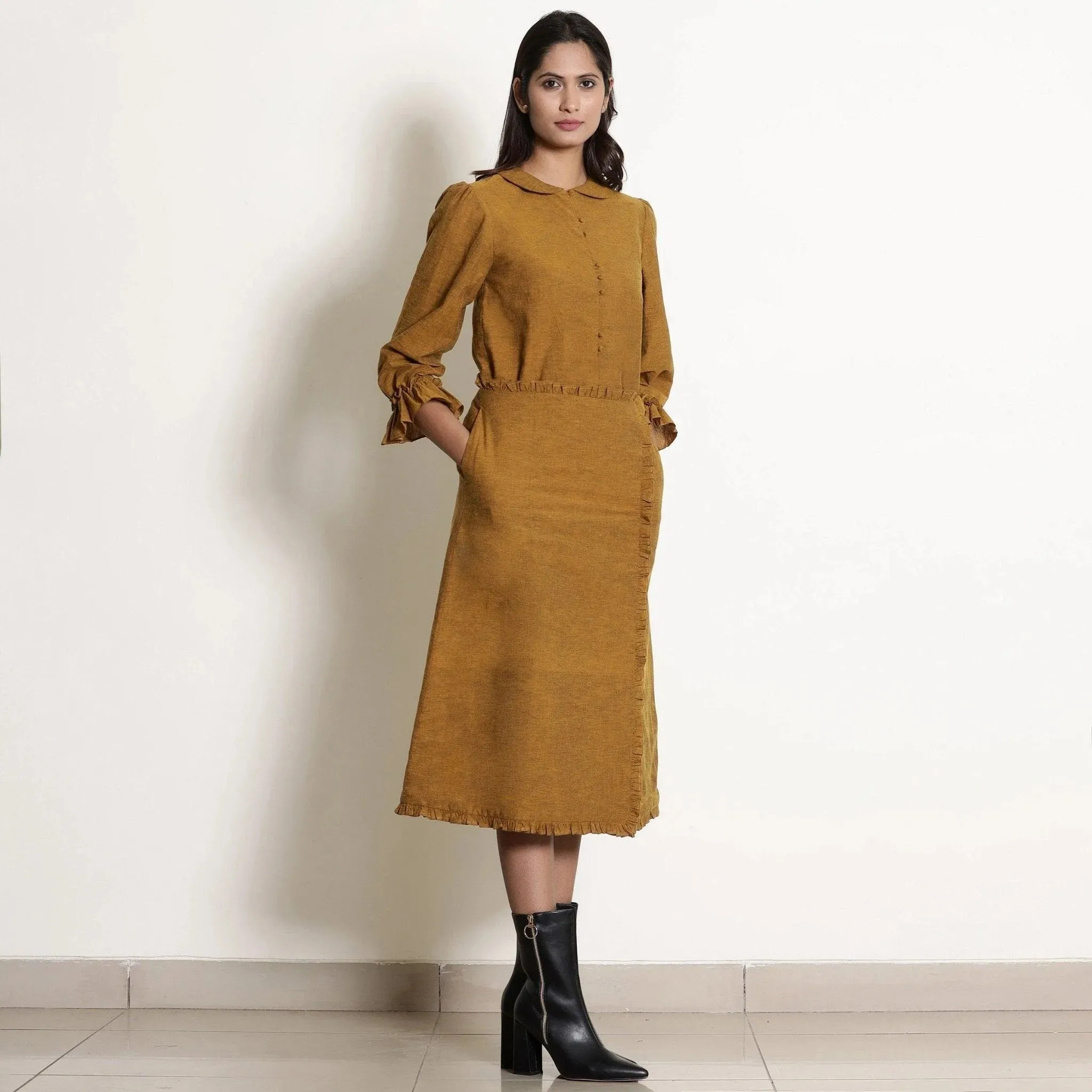 Golden Oak Warm Cotton Frilled Midi Skirt
