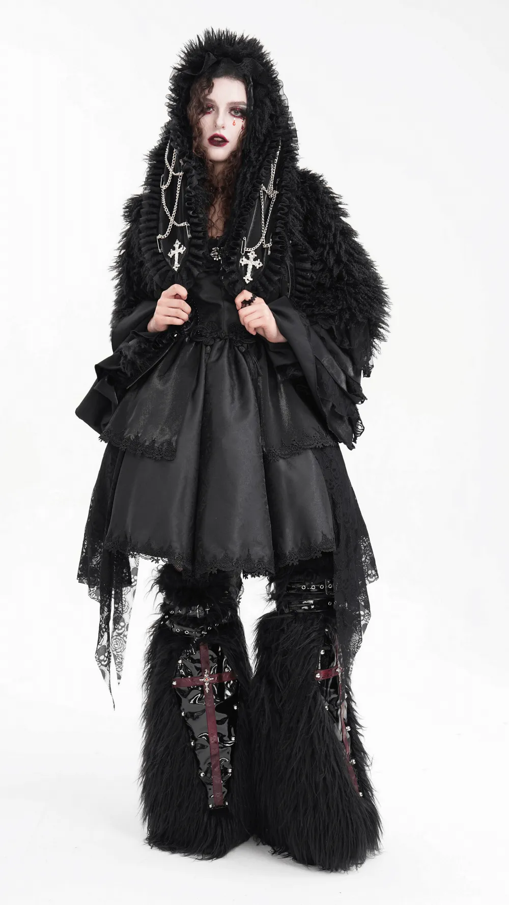 Gothic Furry Leg Warmers with Cross Details and Studs