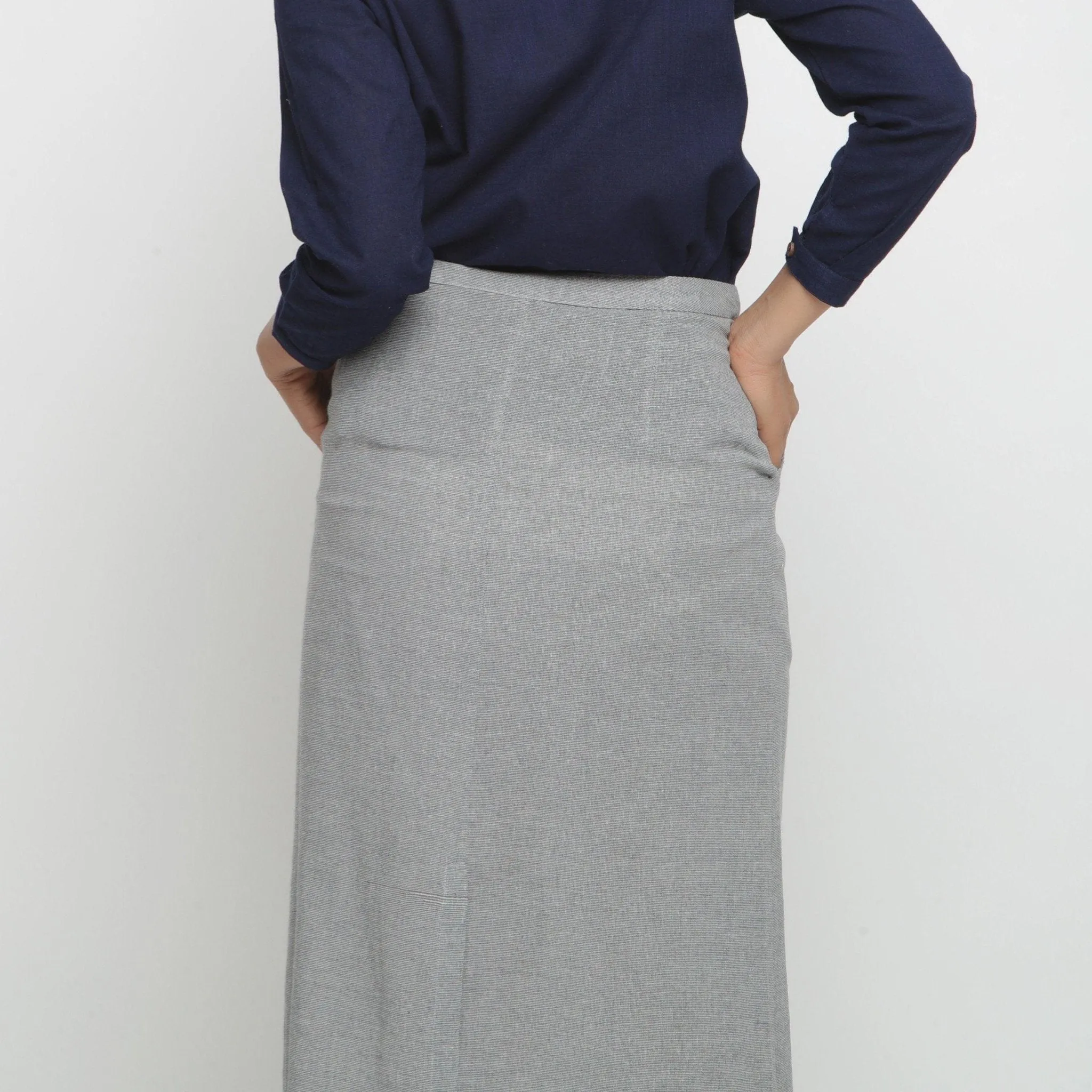 Grey Yarn Dyed 100% Cotton Mid-Rise Midi Skirt