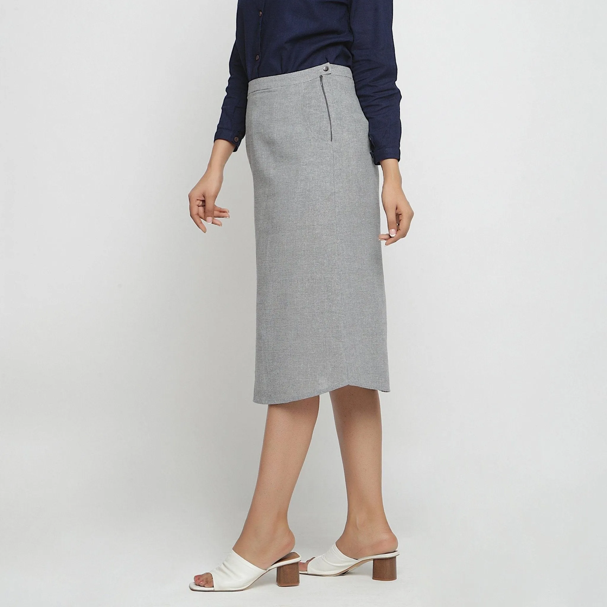 Grey Yarn Dyed 100% Cotton Mid-Rise Midi Skirt