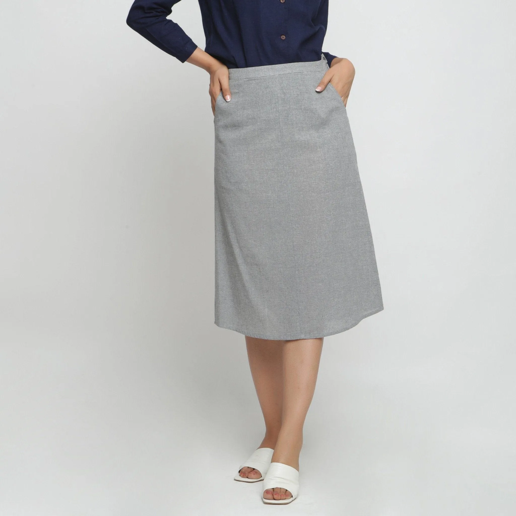 Grey Yarn Dyed 100% Cotton Mid-Rise Midi Skirt