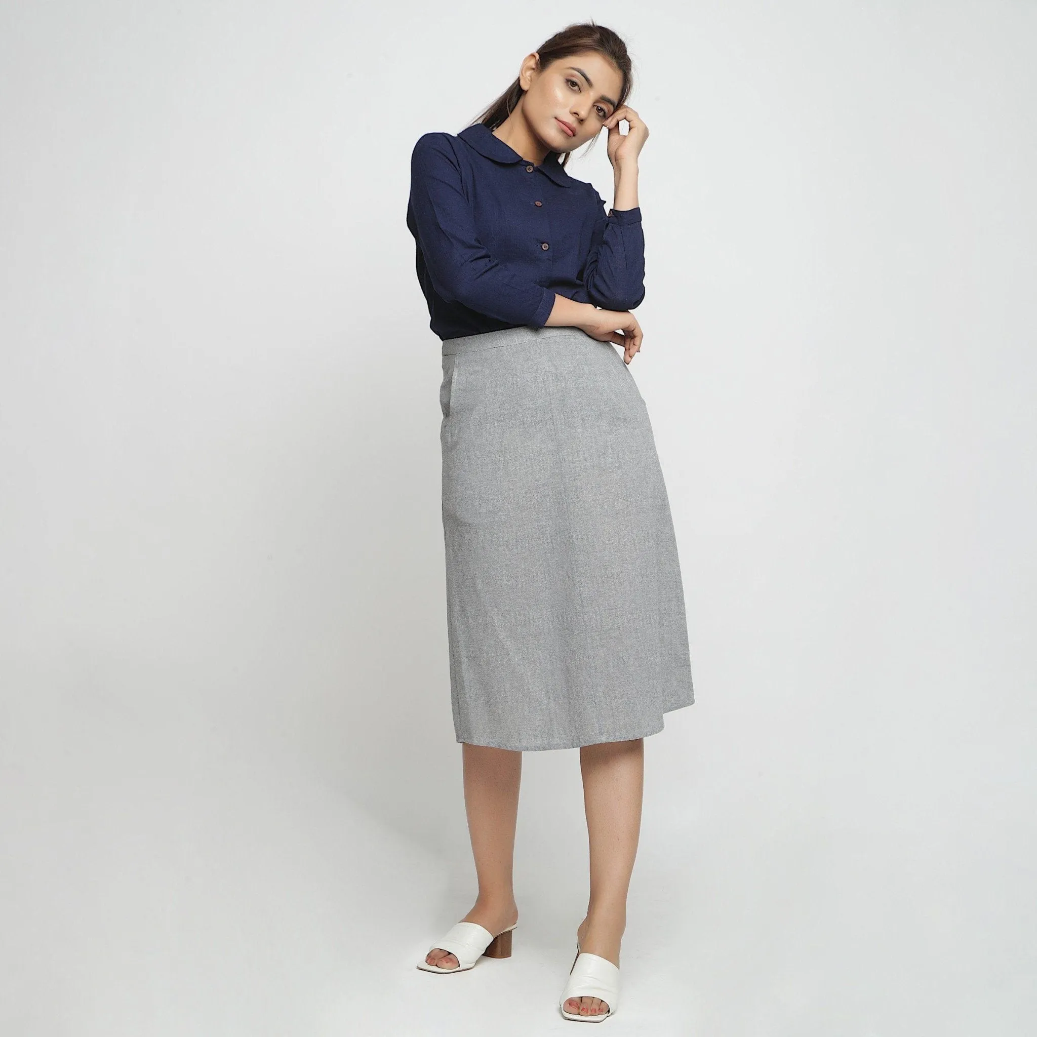 Grey Yarn Dyed 100% Cotton Mid-Rise Midi Skirt