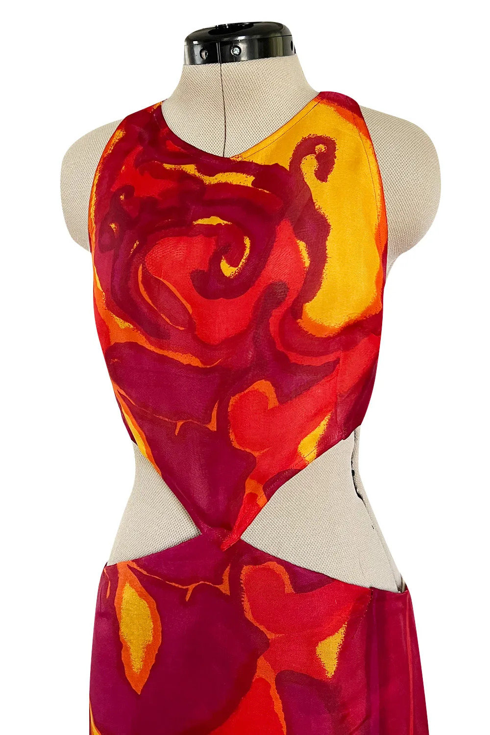 Important & Rare Spring 1966 Madame Gres Printed Silk Chiffon Cut Out Dress
