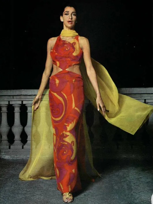 Important & Rare Spring 1966 Madame Gres Printed Silk Chiffon Cut Out Dress