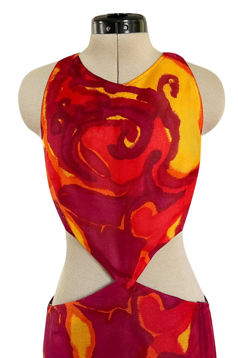 Important & Rare Spring 1966 Madame Gres Printed Silk Chiffon Cut Out Dress