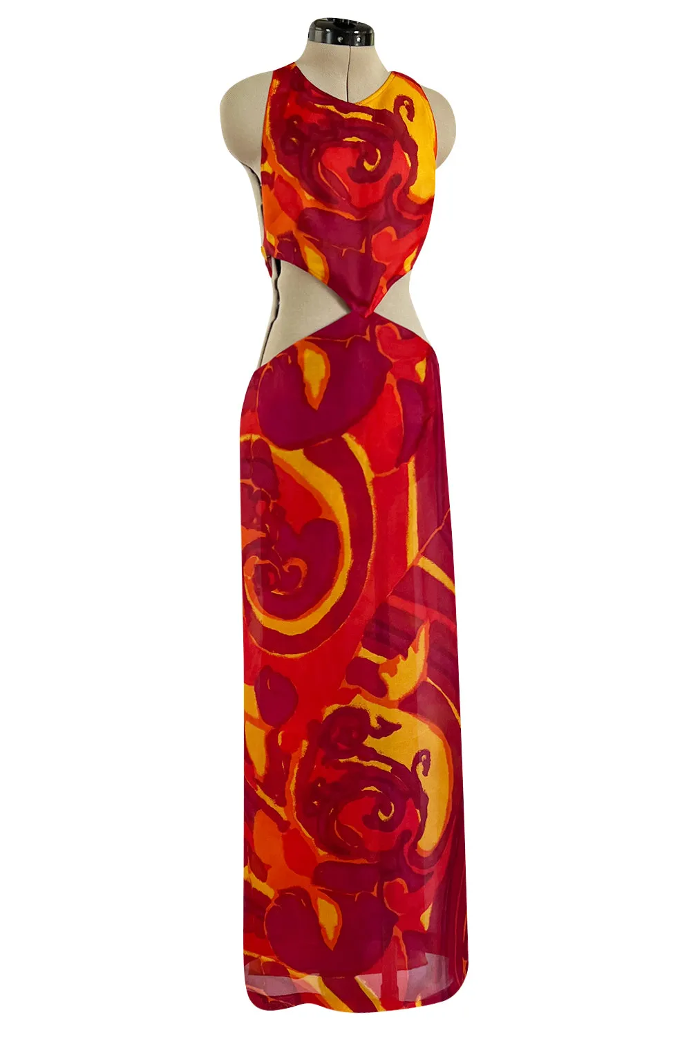 Important & Rare Spring 1966 Madame Gres Printed Silk Chiffon Cut Out Dress