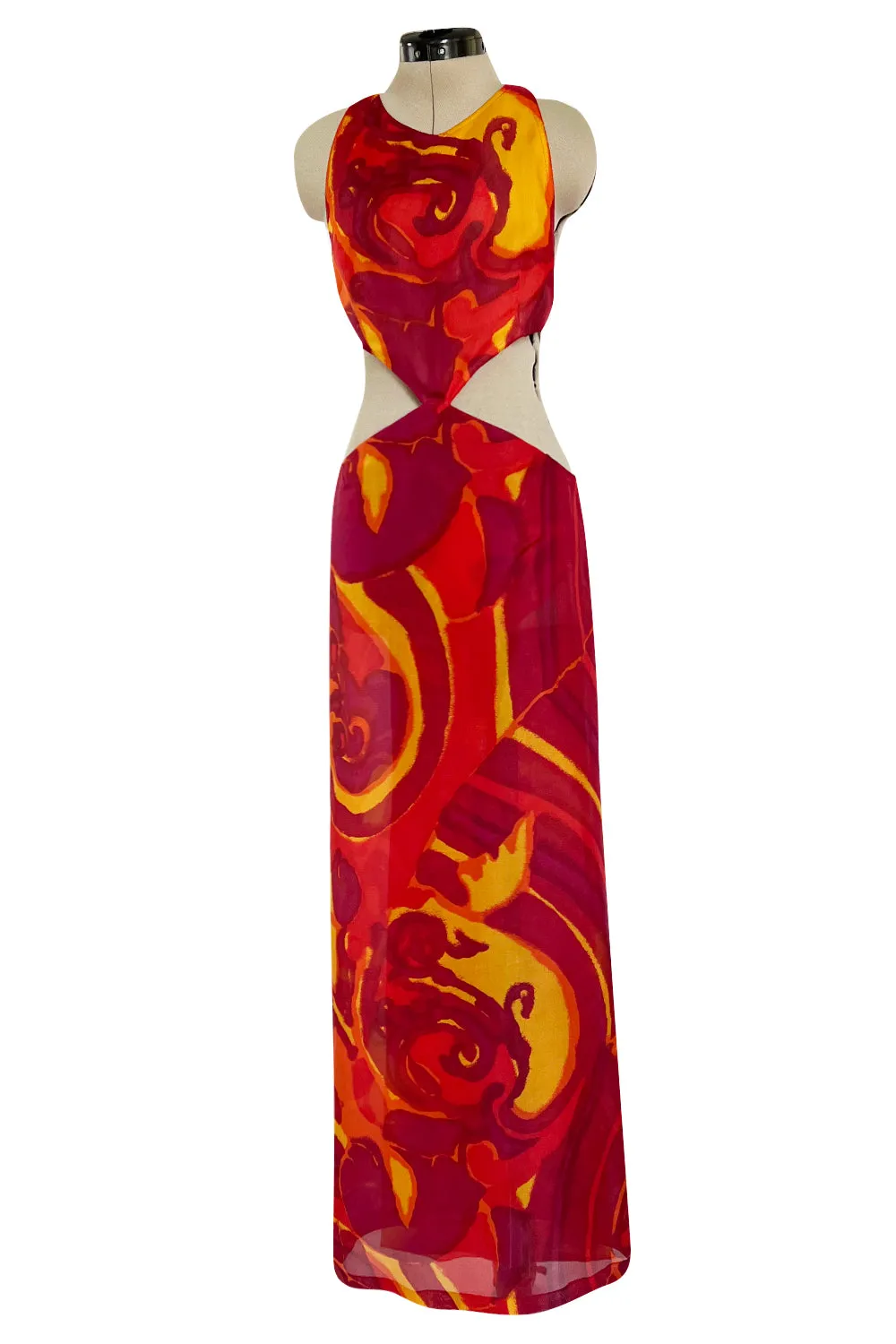 Important & Rare Spring 1966 Madame Gres Printed Silk Chiffon Cut Out Dress