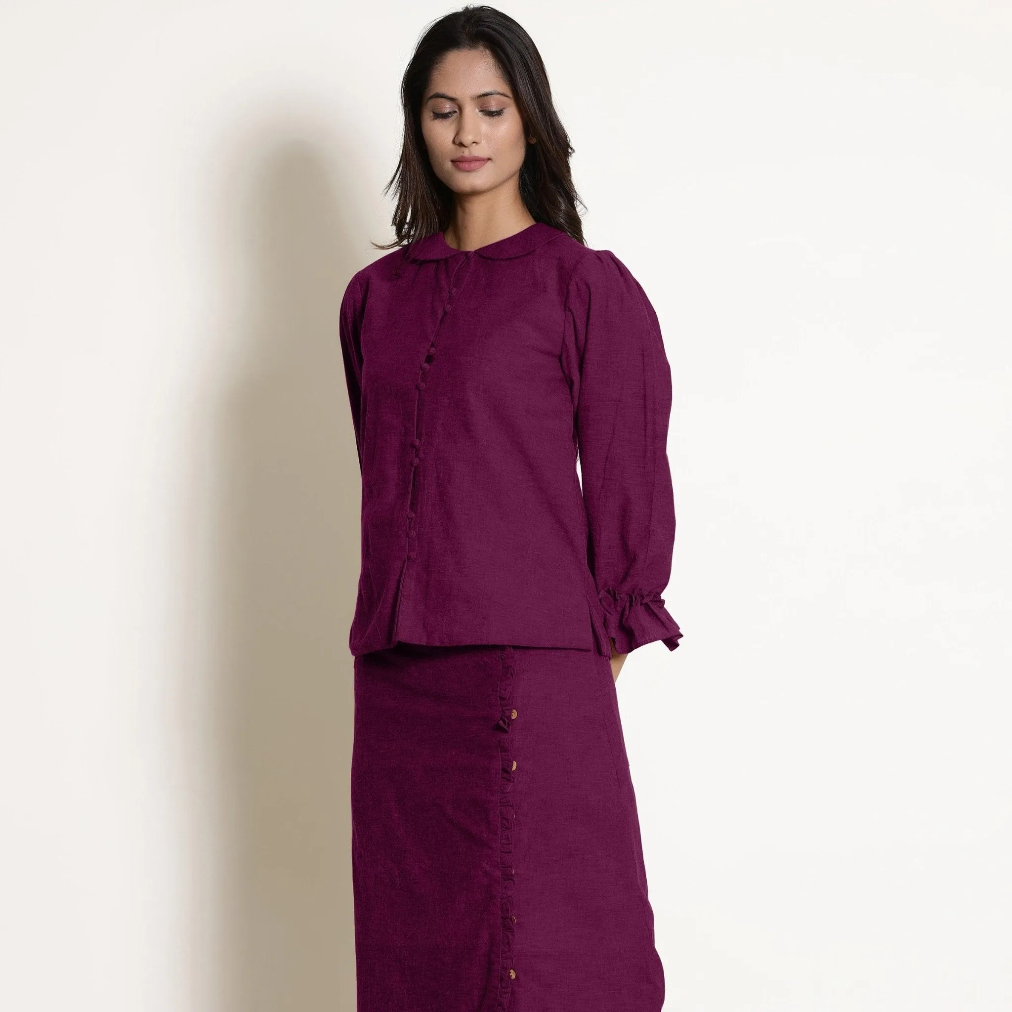 Magenta Warm Cotton Frilled Button Down Top