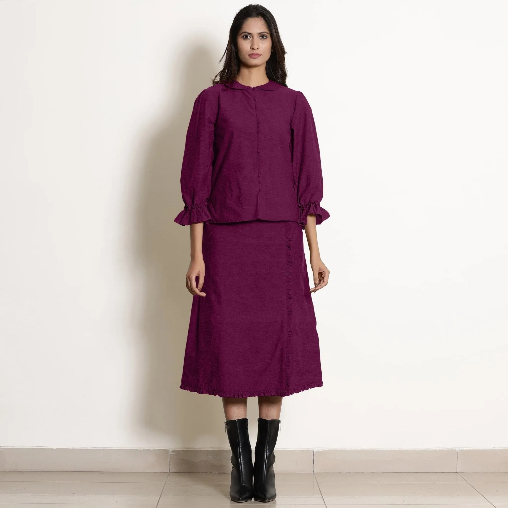 Magenta Warm Cotton Frilled Button Down Top