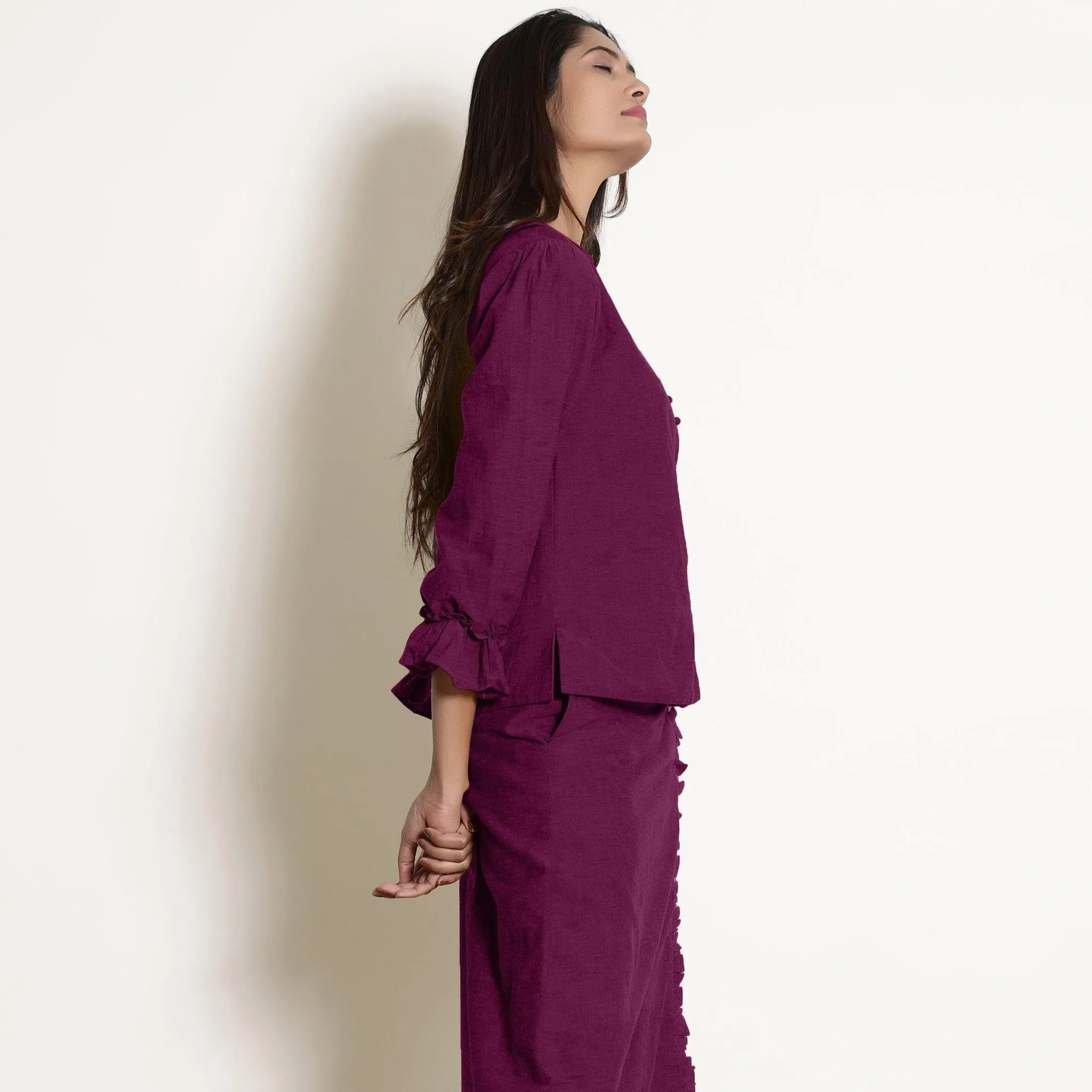 Magenta Warm Cotton Frilled Button Down Top