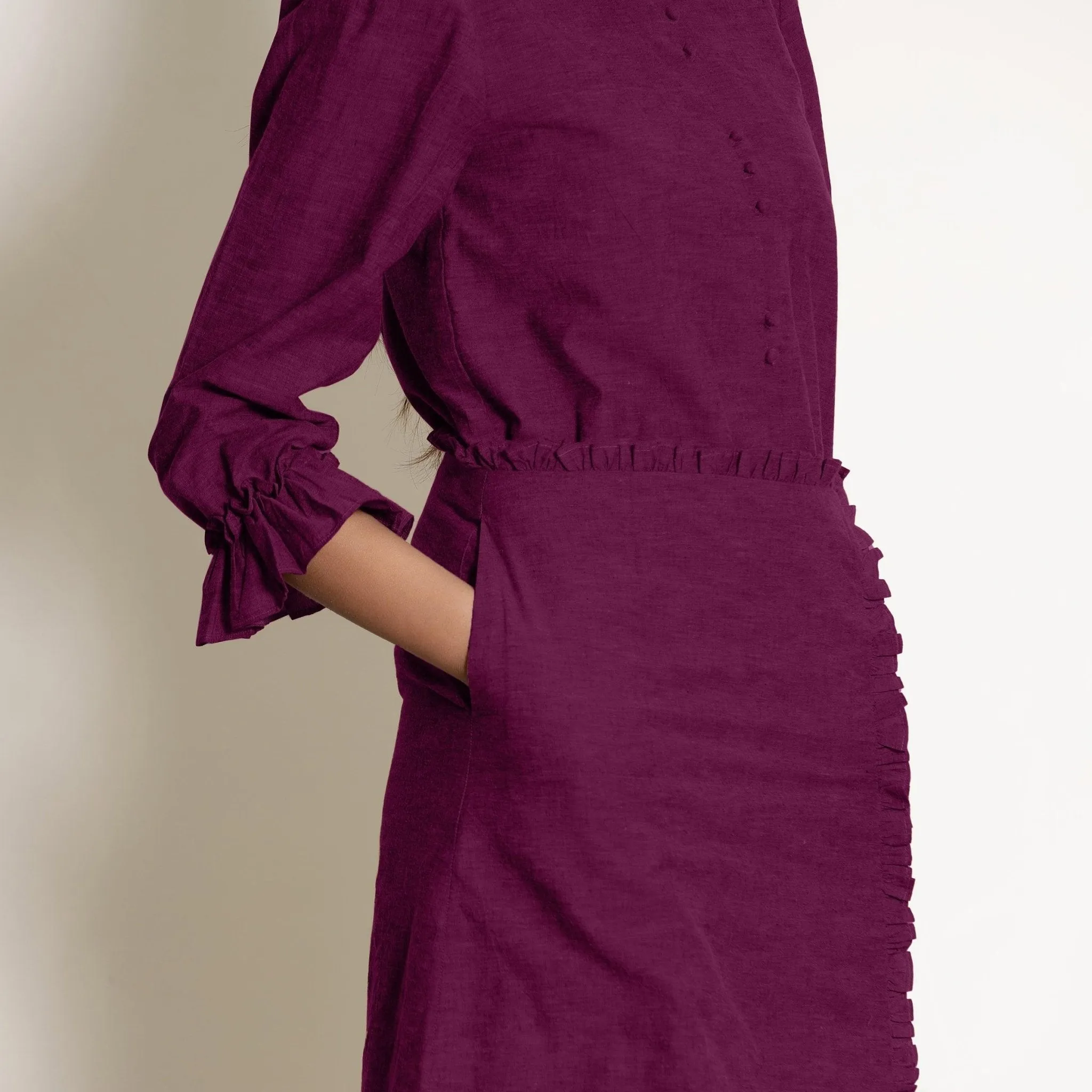 Magenta Warm Cotton Frilled Button Down Top