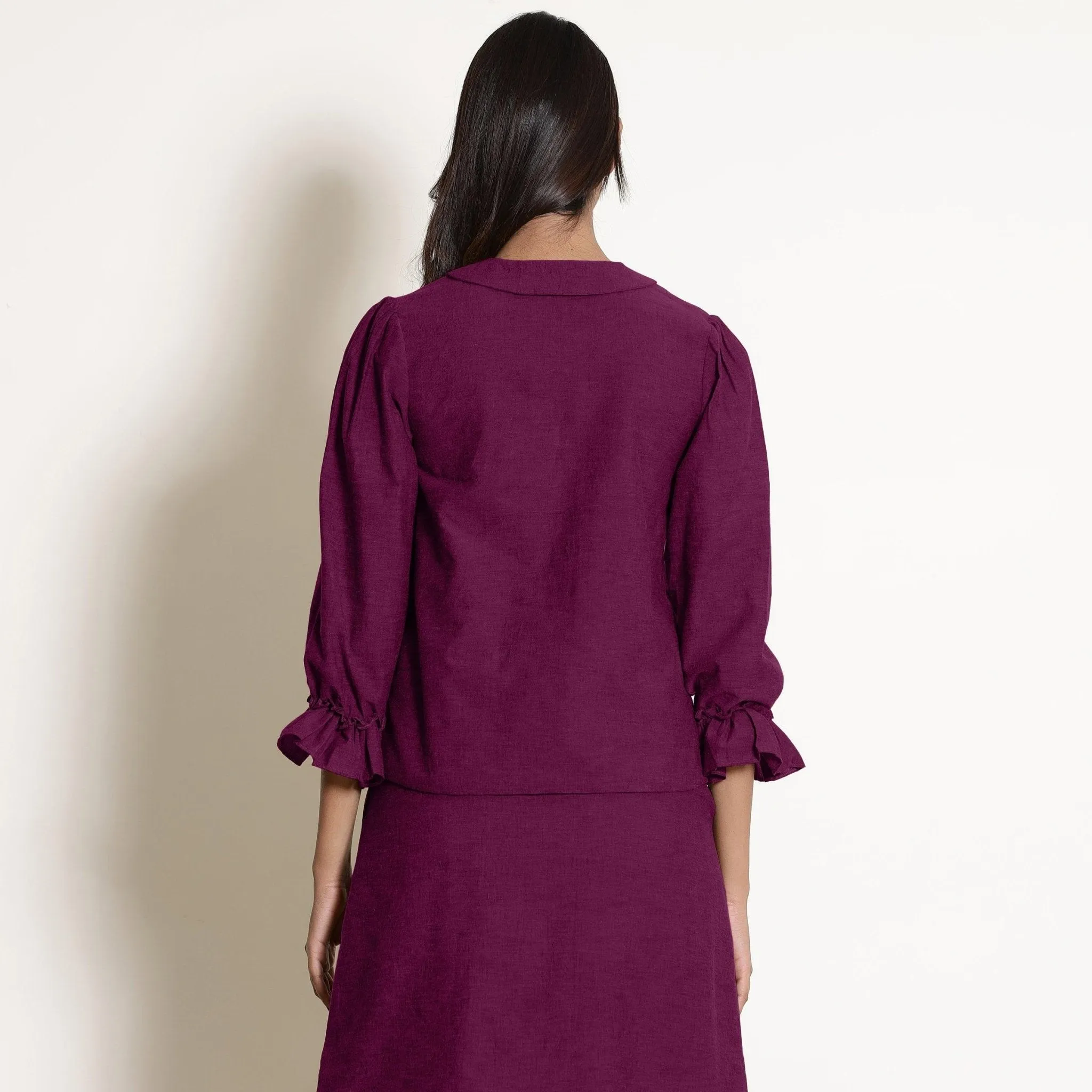 Magenta Warm Cotton Frilled Button Down Top