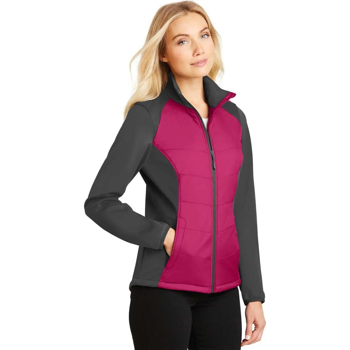 Port Authority Women's Pink Azalea/Grey Steel Hybrid Soft Shell Jacket