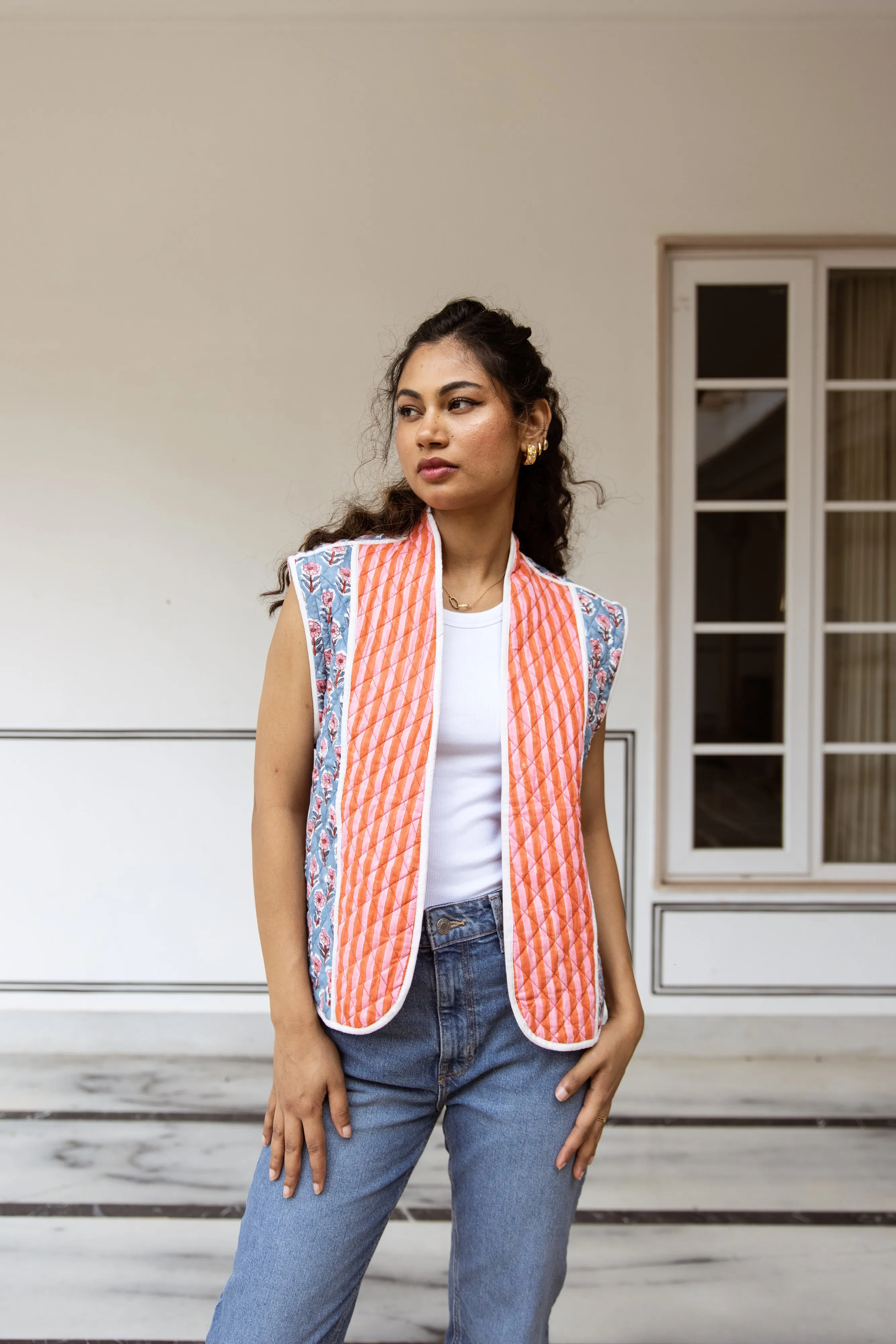 Quilted Jacket & Waistcoat in 1 - Pink Floral and Stripe Print