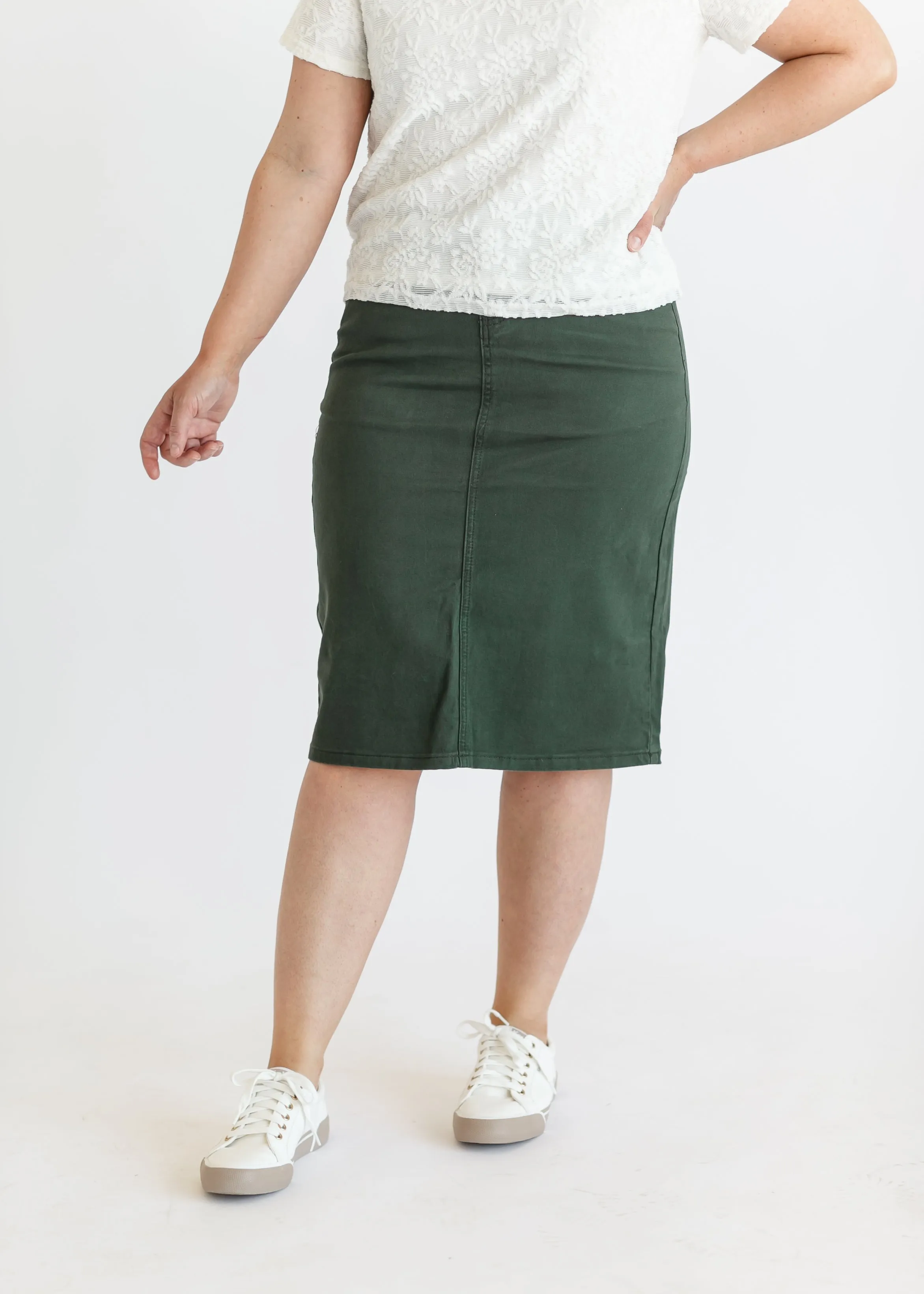 Remi Olive Branch Denim Midi Skirt - FINAL SALE