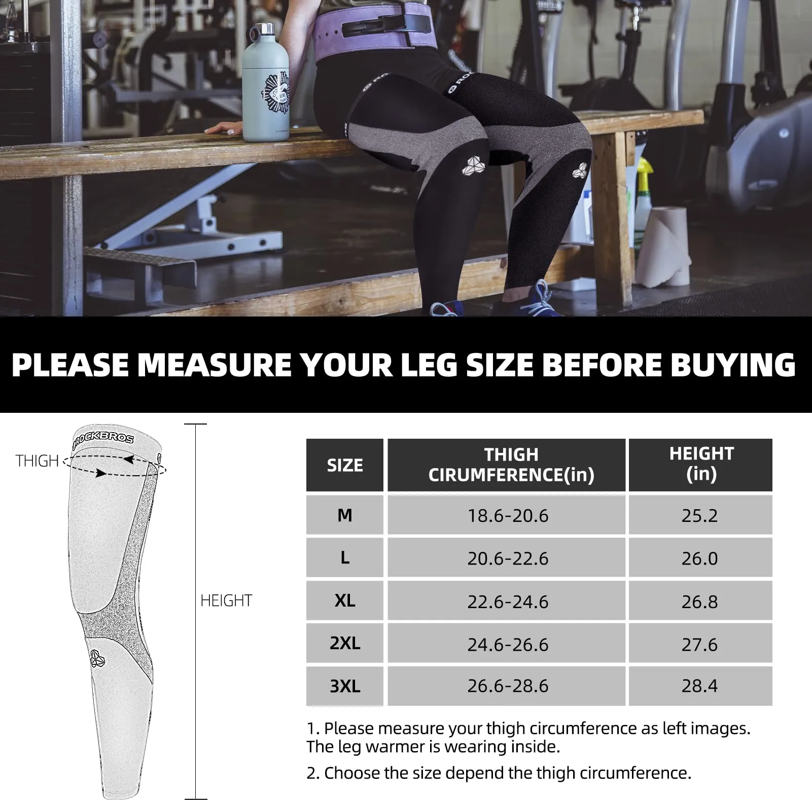 ROCKBROS Thermal Fleece Cycling Running Leg Warmers, Non-Slip Long Leg Sleeves for Winter