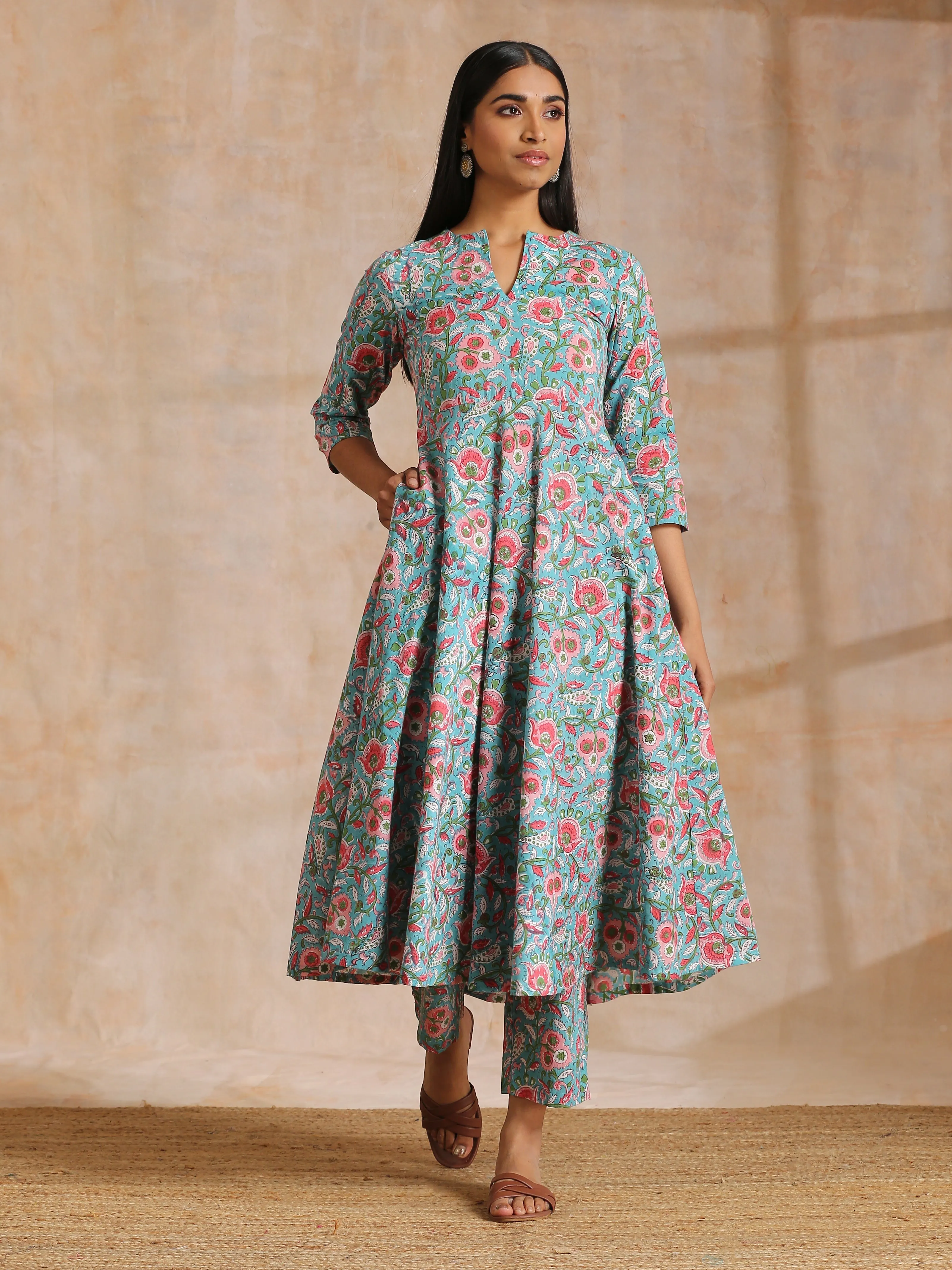 Turkish Blue Overall Floral Block Print Cotton Flared Kurta Pant Set