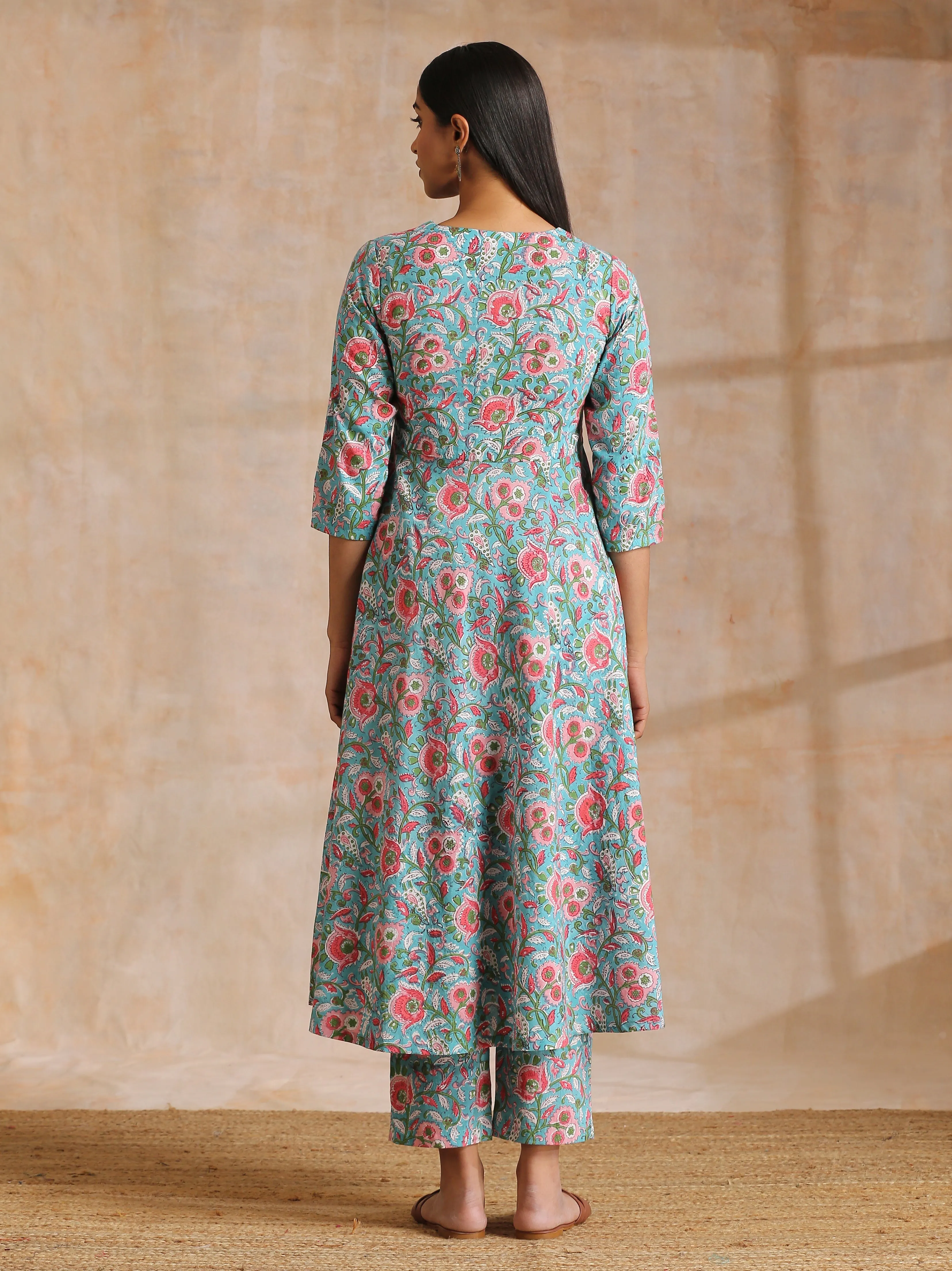 Turkish Blue Overall Floral Block Print Cotton Flared Kurta Pant Set
