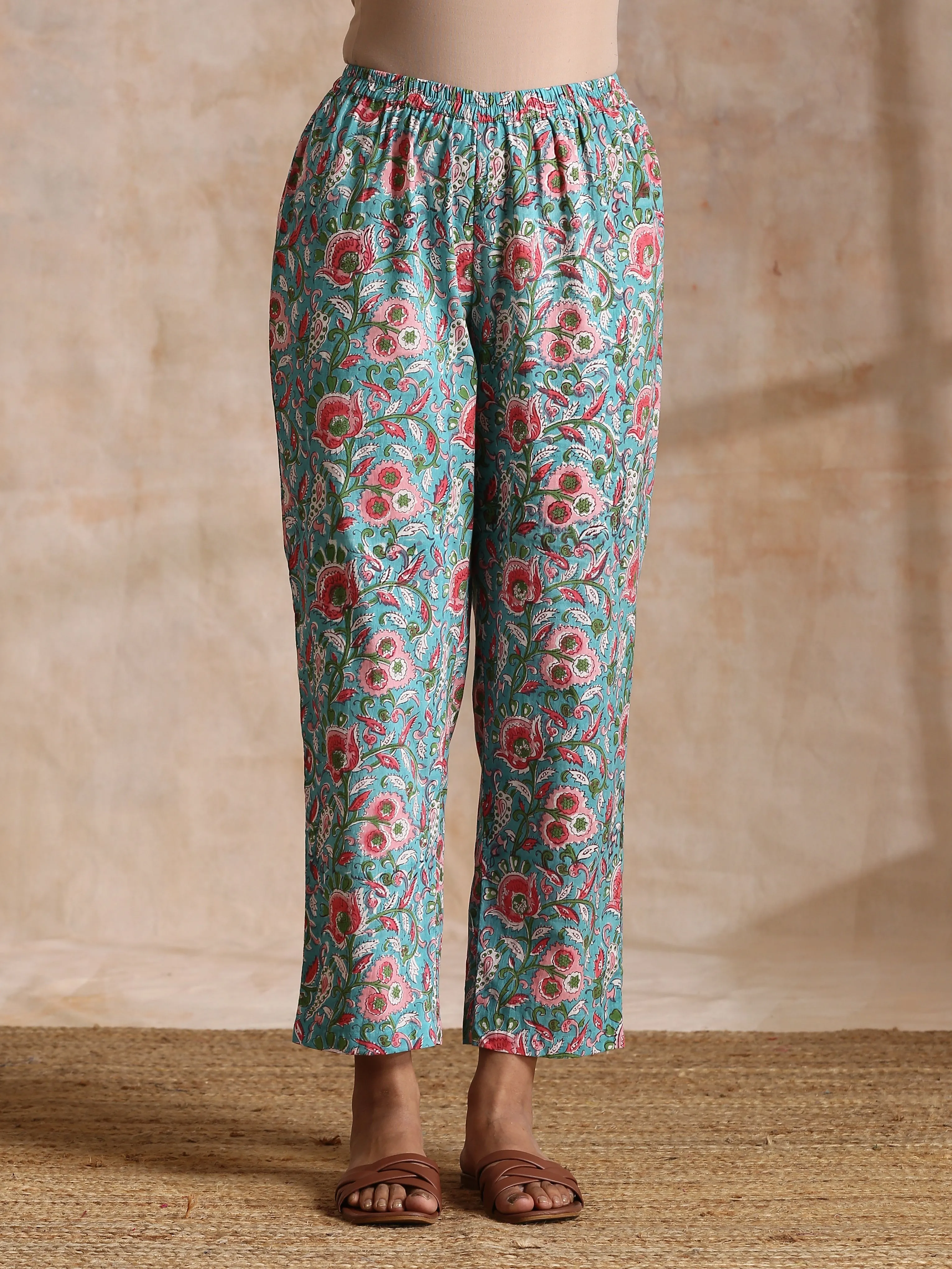 Turkish Blue Overall Floral Block Print Cotton Flared Kurta Pant Set