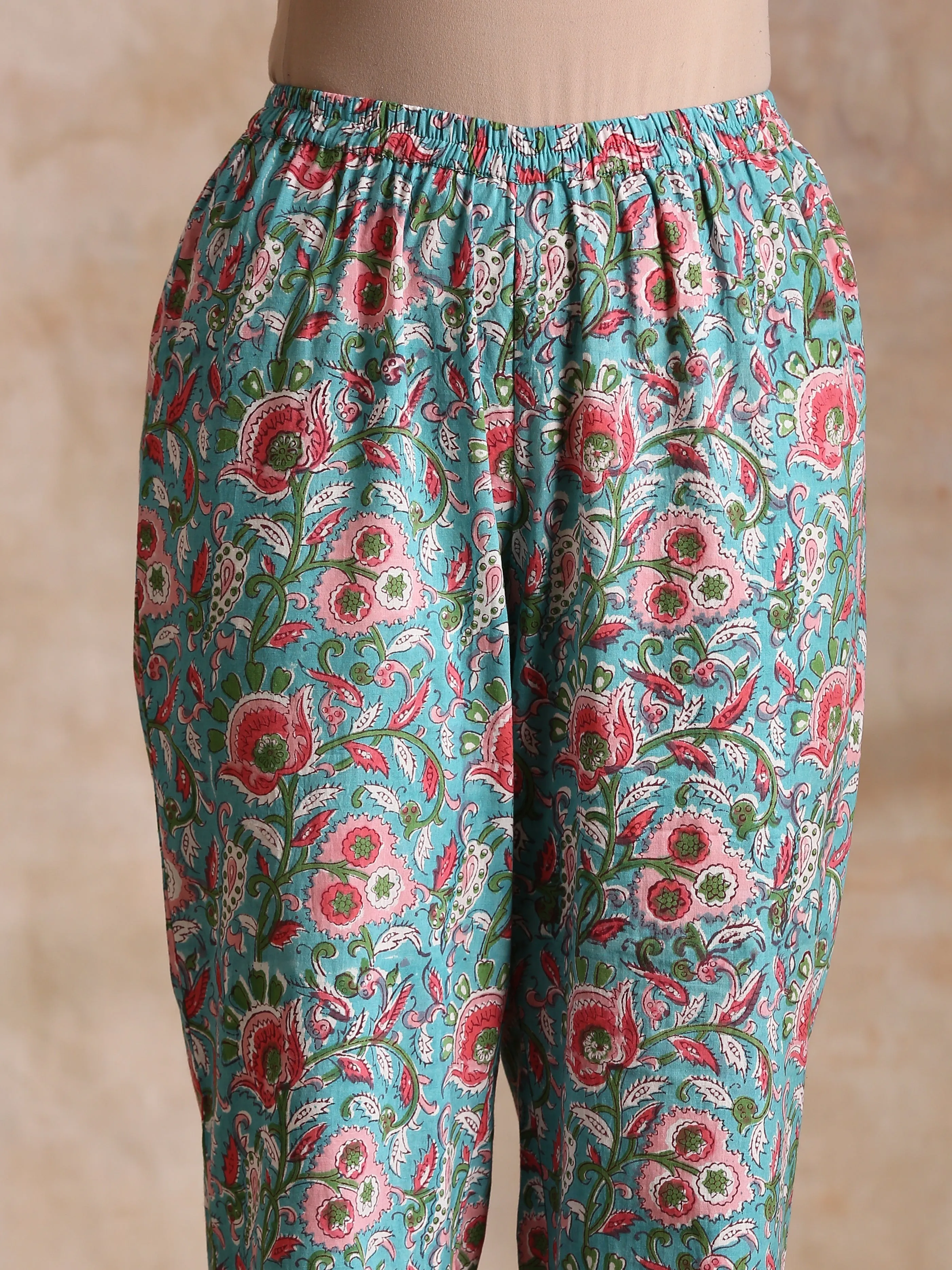 Turkish Blue Overall Floral Block Print Cotton Flared Kurta Pant Set