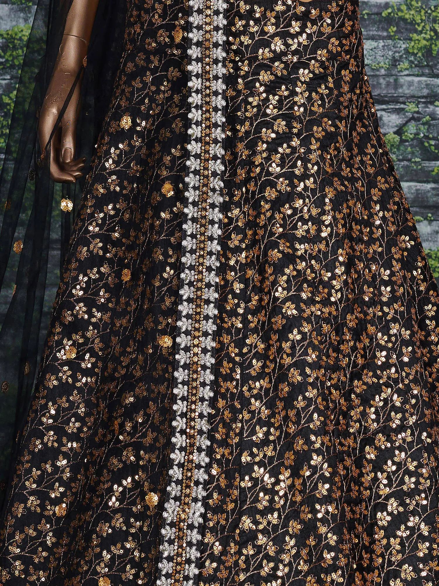 Vine Pattern Golden Sequins Black Silk Lehenga Choli Set