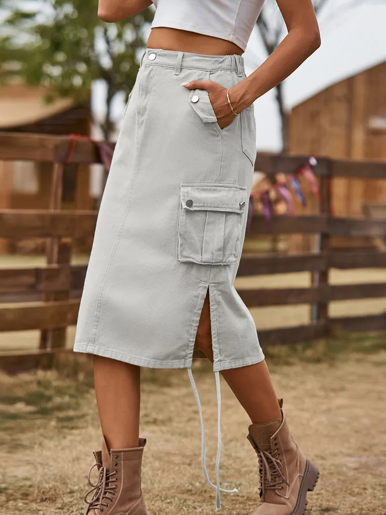 Vintage Jean Denim Cargo Midi Skirt for Women