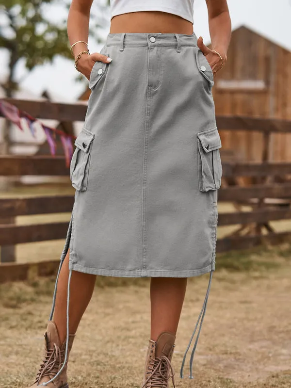 Vintage Jean Denim Cargo Midi Skirt for Women