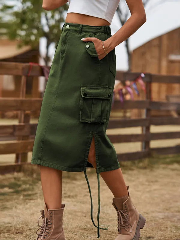 Vintage Jean Denim Cargo Midi Skirt for Women