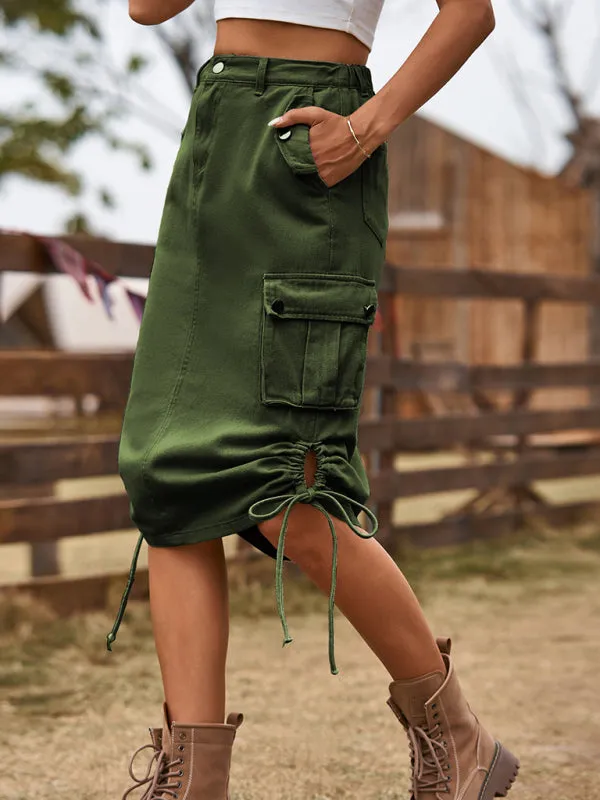 Vintage Jean Denim Cargo Midi Skirt for Women