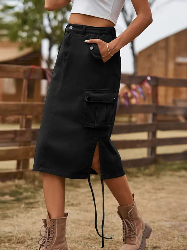 Vintage Jean Denim Cargo Midi Skirt for Women