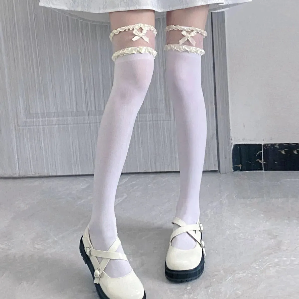 white lace thigh high socks with Bows and Lace - Cream, Blue, Pink