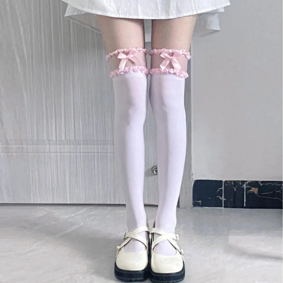 white lace thigh high socks with Bows and Lace - Cream, Blue, Pink