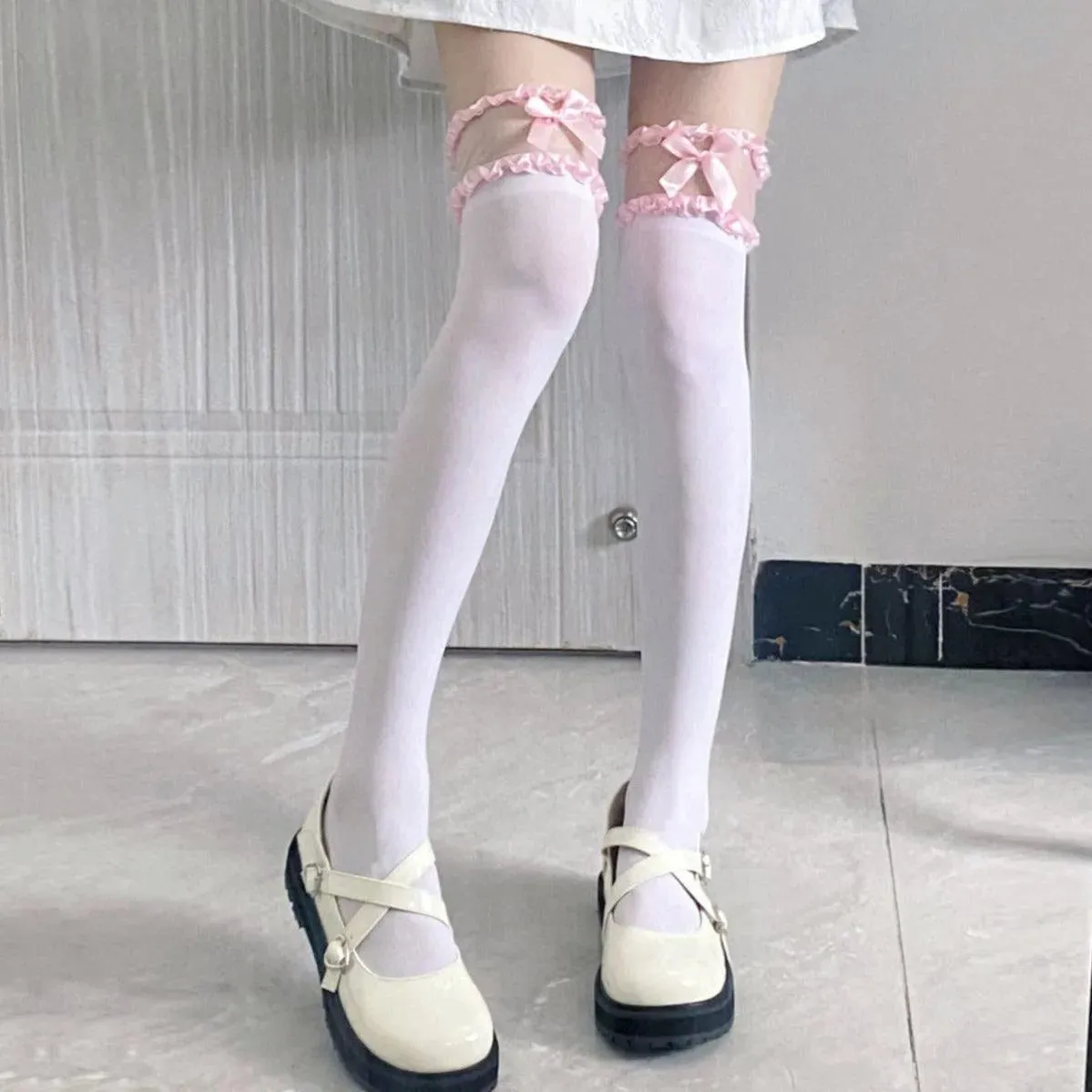 white lace thigh high socks with Bows and Lace - Cream, Blue, Pink