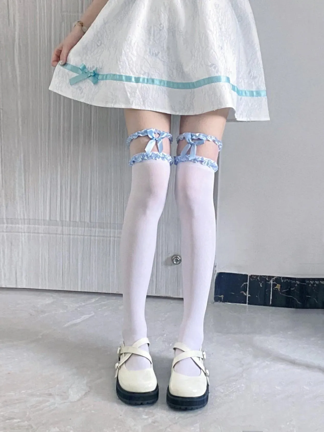 white lace thigh high socks with Bows and Lace - Cream, Blue, Pink