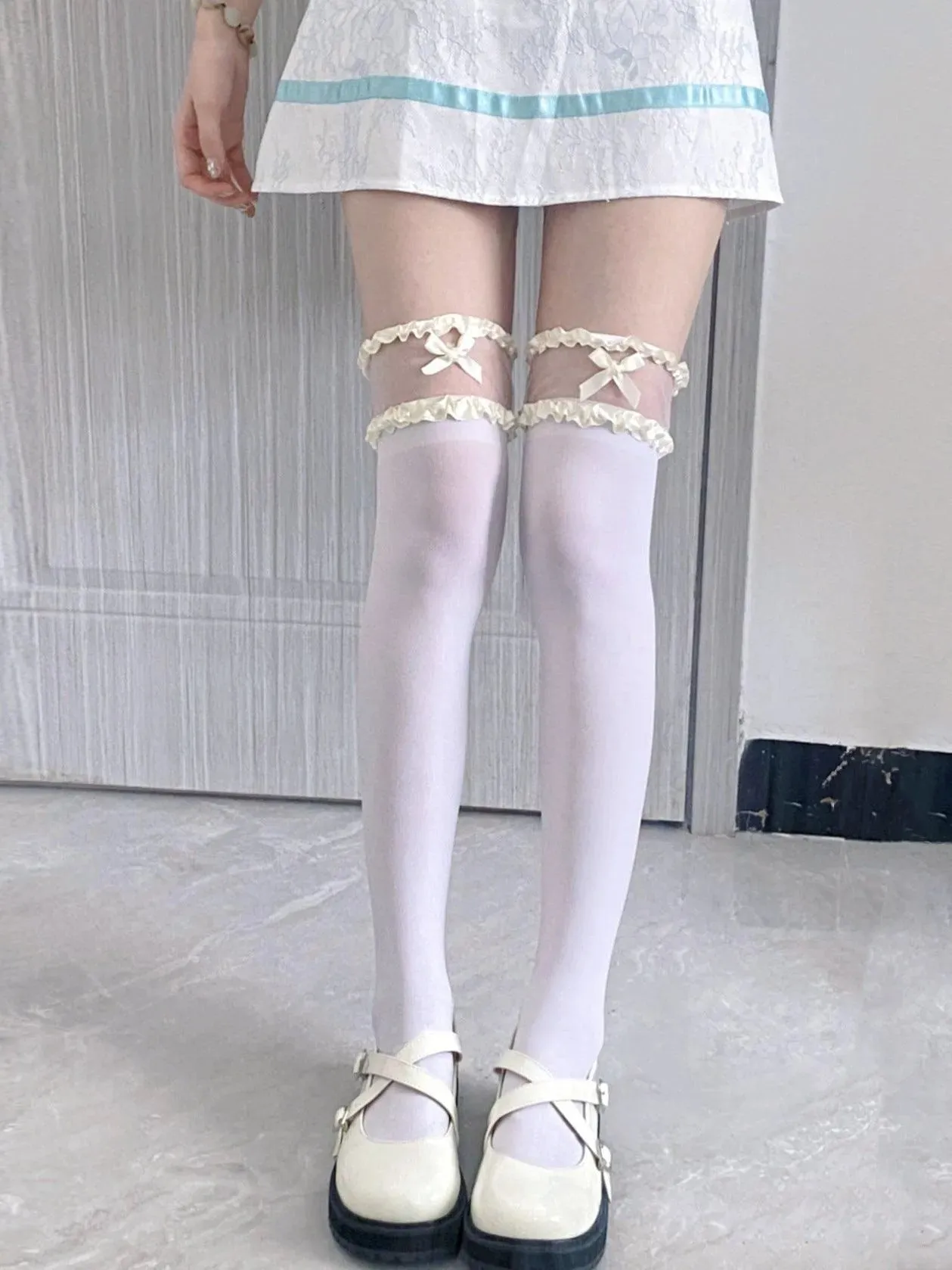 white lace thigh high socks with Bows and Lace - Cream, Blue, Pink